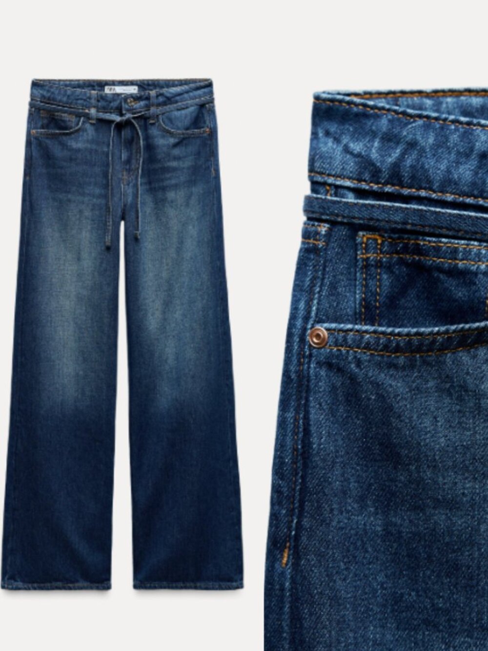 NWT Zara Tie Waist Dark Wash High Rise Wide Leg Jeans